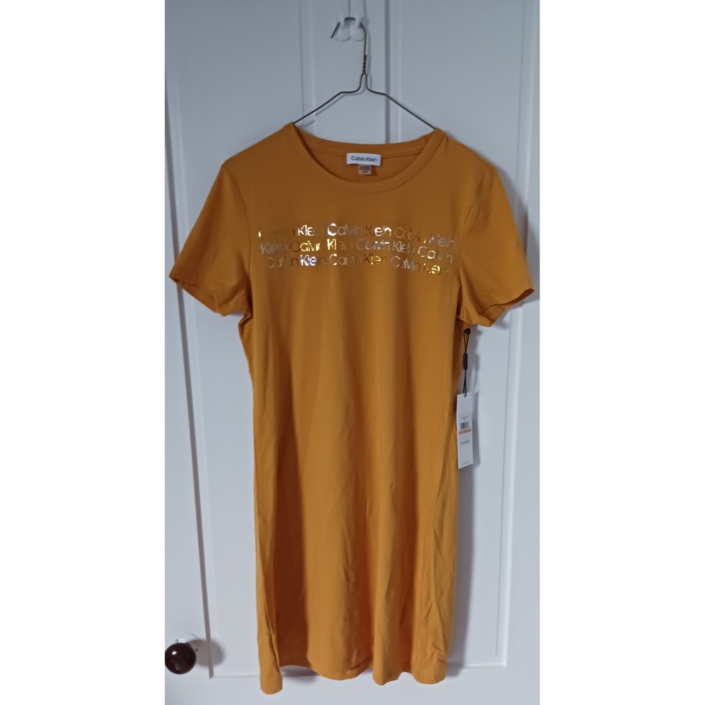 Marigold Gold Text Calvin Klein Logo Short‎ Sleeve T-Shirt Dress